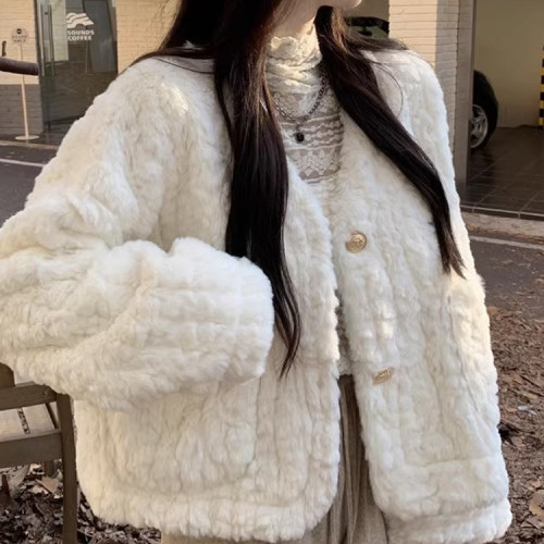 仿羊羔毛外套女秋冬2022新款韓版設計感V領寬松短款長袖棉衣棉服 仿羊羔毛外套女秋冬2022新款韓版設計感V領寬松短款長袖棉衣棉服