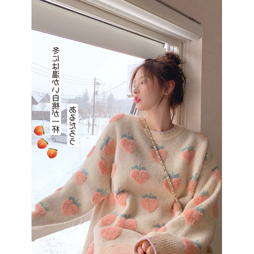 網紅草莓毛衣女寬松慵懶風外穿韓版秋冬新款加厚馬海毛套頭針織衫 網紅草莓毛衣女寬松慵懶風外穿韓版秋冬新款加厚馬海毛套頭針織衫