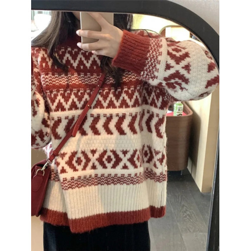 2024新款聖誕節新年圓領套頭慵懶風針織上衣紅色加厚毛衣女秋冬季