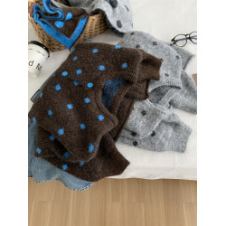 慵懶復古撞色波點圓領羊毛針織開衫女25秋冬保暖帶圍巾拉毛衣外套