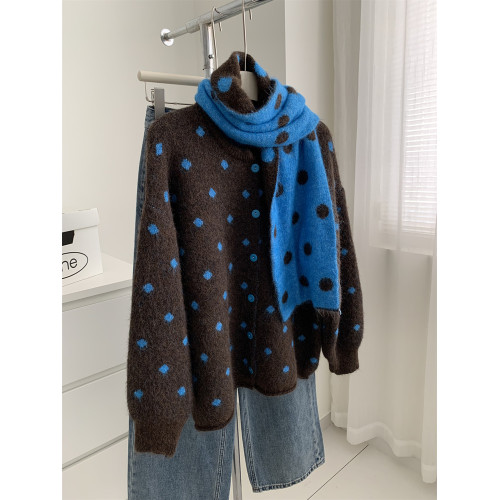 慵懶復古撞色波點圓領羊毛針織開衫女25秋冬保暖帶圍巾拉毛衣外套 慵懶復古撞色波點圓領羊毛針織開衫女25秋冬保暖帶圍巾拉毛衣外套