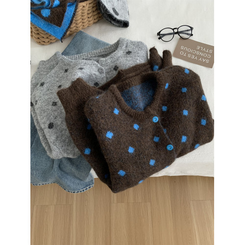 慵懶復古撞色波點圓領羊毛針織開衫女25秋冬保暖帶圍巾拉毛衣外套 慵懶復古撞色波點圓領羊毛針織開衫女25秋冬保暖帶圍巾拉毛衣外套