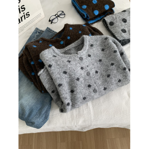 慵懶復古撞色波點圓領羊毛針織開衫女25秋冬保暖帶圍巾拉毛衣外套 慵懶復古撞色波點圓領羊毛針織開衫女25秋冬保暖帶圍巾拉毛衣外套