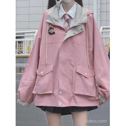 秋季新款韓版拼色港風外套女學生學院風寬松百搭連帽工裝夾克上衣