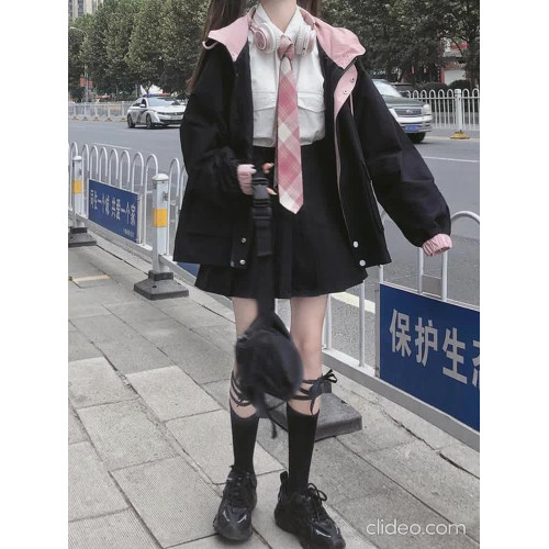 秋季新款韓版拼色港風外套女學生學院風寬松百搭連帽工裝夾克上衣 秋季新款韓版拼色港風外套女學生學院風寬松百搭連帽工裝夾克上衣
