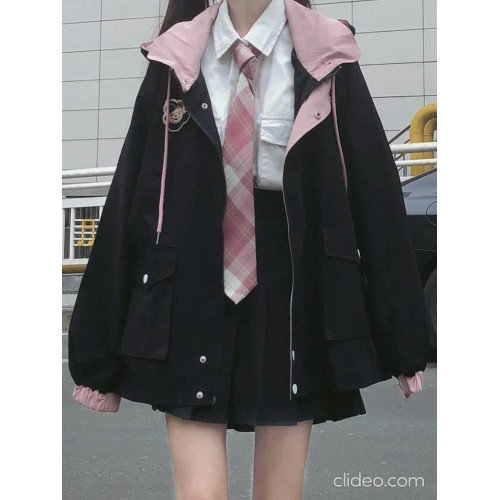 秋季新款韓版拼色港風外套女學生學院風寬松百搭連帽工裝夾克上衣 秋季新款韓版拼色港風外套女學生學院風寬松百搭連帽工裝夾克上衣