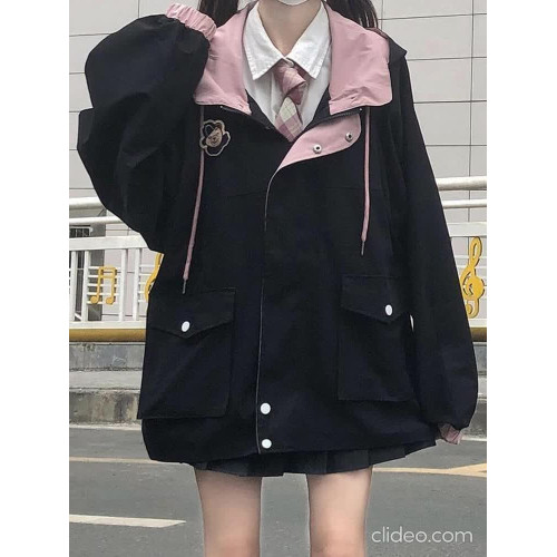 秋季新款韓版拼色港風外套女學生學院風寬松百搭連帽工裝夾克上衣 秋季新款韓版拼色港風外套女學生學院風寬松百搭連帽工裝夾克上衣