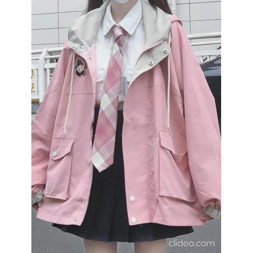 秋季新款韓版拼色港風外套女學生學院風寬松百搭連帽工裝夾克上衣 秋季新款韓版拼色港風外套女學生學院風寬松百搭連帽工裝夾克上衣
