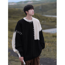 拼接撞色毛衣男生秋冬季潮牌寬松休閒慵懶風設計感小衆套頭針織衫