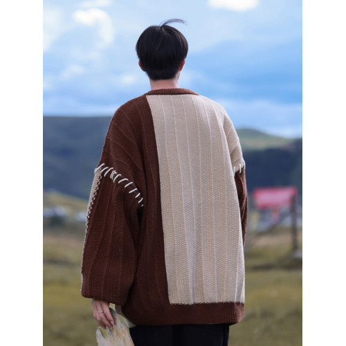 拼接撞色毛衣男生秋冬季潮牌寬松休閒慵懶風設計感小衆套頭針織衫