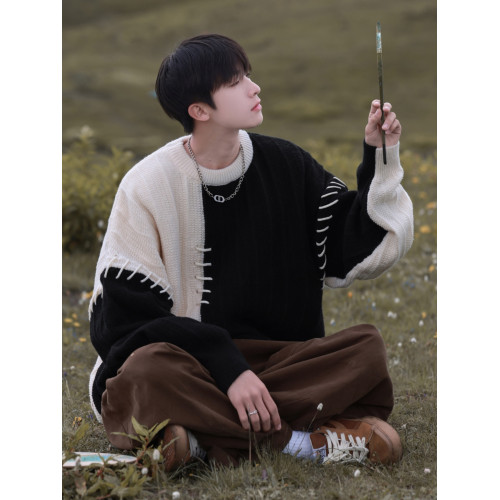 拼接撞色毛衣男生秋冬季潮牌寬松休閒慵懶風設計感小衆套頭針織衫