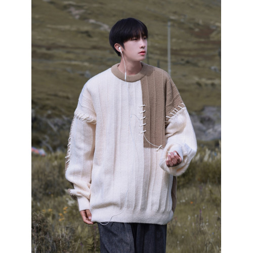 拼接撞色毛衣男生秋冬季潮牌寬松休閒慵懶風設計感小衆套頭針織衫