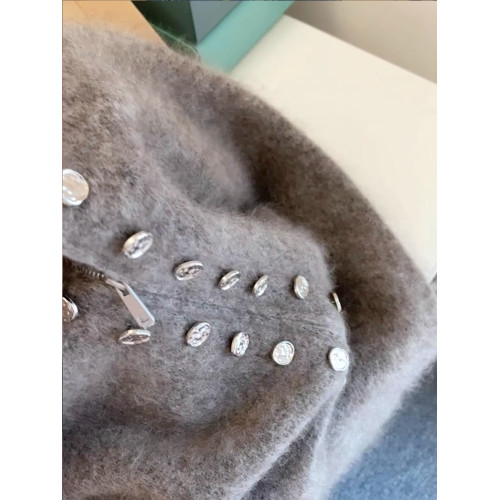 灰色重工雙排釦立領毛衣外套女秋冬加厚高級感慵懶拉鍊針織衫上衣 灰色重工雙排釦立領毛衣外套女秋冬加厚高級感慵懶拉鍊針織衫上衣