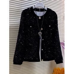 加肥大碼女裝黑色顯瘦長袖開衫上衣胖妹妹休閒百圓領滿身亮片外套