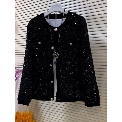 加肥大碼女裝黑色顯瘦長袖開衫上衣胖妹妹休閒百圓領滿身亮片外套 加肥大碼女裝黑色顯瘦長袖開衫上衣胖妹妹休閒百圓領滿身亮片外套