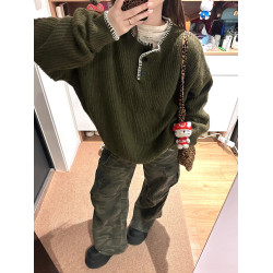 復古休閒設計感紐釦亨利領毛衣女秋冬寬松百搭套頭慵懶風針織上衣