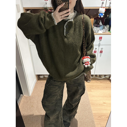 復古休閒設計感紐釦亨利領毛衣女秋冬寬松百搭套頭慵懶風針織上衣 復古休閒設計感紐釦亨利領毛衣女秋冬寬松百搭套頭慵懶風針織上衣