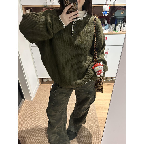 復古休閒設計感紐釦亨利領毛衣女秋冬寬松百搭套頭慵懶風針織上衣 復古休閒設計感紐釦亨利領毛衣女秋冬寬松百搭套頭慵懶風針織上衣