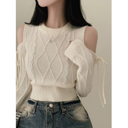 毛衣女春秋季韓系純欲露肩麻花針織衫設計感小衆高腰長袖短款上衣