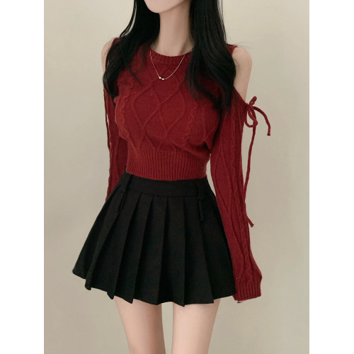 毛衣女春秋季韓系純欲露肩麻花針織衫設計感小衆高腰長袖短款上衣 毛衣女春秋季韓系純欲露肩麻花針織衫設計感小衆高腰長袖短款上衣