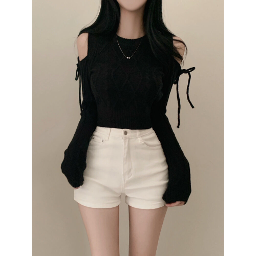 毛衣女春秋季韓系純欲露肩麻花針織衫設計感小衆高腰長袖短款上衣 毛衣女春秋季韓系純欲露肩麻花針織衫設計感小衆高腰長袖短款上衣