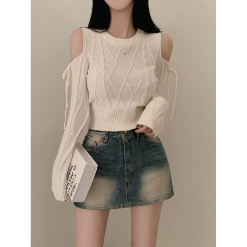 毛衣女春秋季韓系純欲露肩麻花針織衫設計感小衆高腰長袖短款上衣 毛衣女春秋季韓系純欲露肩麻花針織衫設計感小衆高腰長袖短款上衣