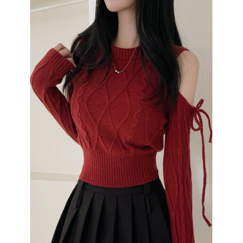 毛衣女春秋季韓系純欲露肩麻花針織衫設計感小衆高腰長袖短款上衣 毛衣女春秋季韓系純欲露肩麻花針織衫設計感小衆高腰長袖短款上衣