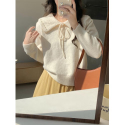 溫柔風奶系淺藍軟糯甜美套頭寬松設計感小衆翻領毛衣女系帶針織衫