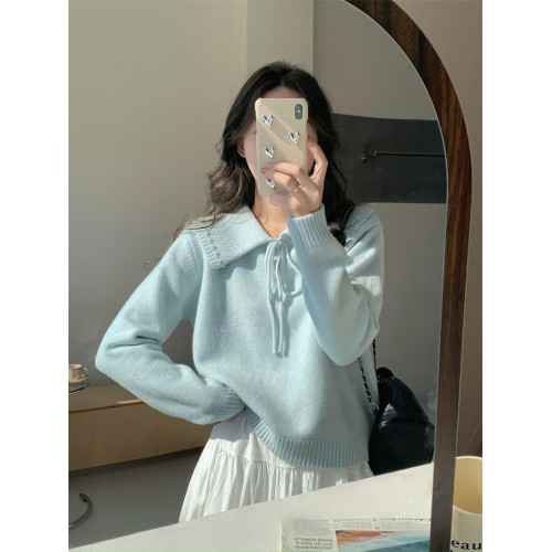 溫柔風奶系淺藍軟糯甜美套頭寬松設計感小衆翻領毛衣女系帶針織衫 溫柔風奶系淺藍軟糯甜美套頭寬松設計感小衆翻領毛衣女系帶針織衫