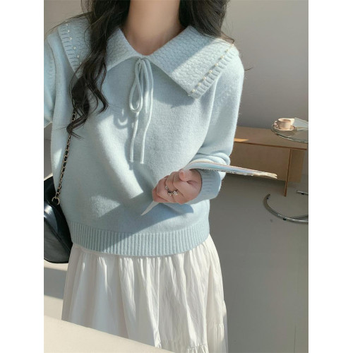 溫柔風奶系淺藍軟糯甜美套頭寬松設計感小衆翻領毛衣女系帶針織衫 溫柔風奶系淺藍軟糯甜美套頭寬松設計感小衆翻領毛衣女系帶針織衫