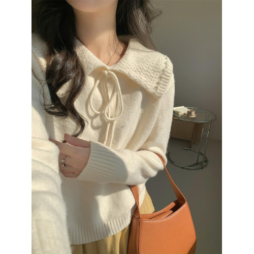 溫柔風奶系淺藍軟糯甜美套頭寬松設計感小衆翻領毛衣女系帶針織衫 溫柔風奶系淺藍軟糯甜美套頭寬松設計感小衆翻領毛衣女系帶針織衫