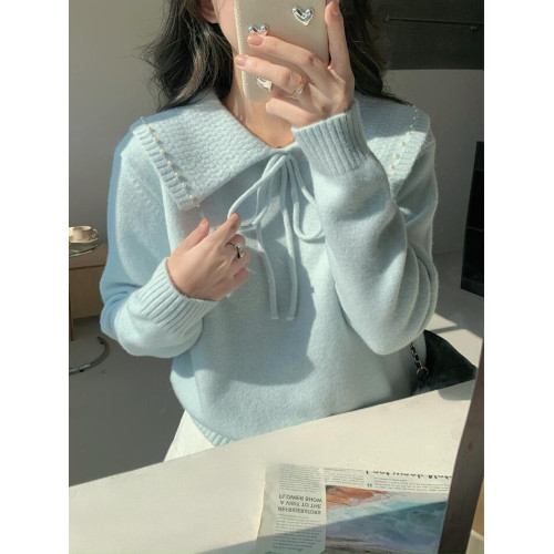 溫柔風奶系淺藍軟糯甜美套頭寬松設計感小衆翻領毛衣女系帶針織衫 溫柔風奶系淺藍軟糯甜美套頭寬松設計感小衆翻領毛衣女系帶針織衫