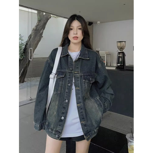 大碼美式水洗做舊牛仔外套女春裝2025年新款潮流寬松長袖夾克上衣 大碼美式水洗做舊牛仔外套女春裝2025年新款潮流寬松長袖夾克上衣
