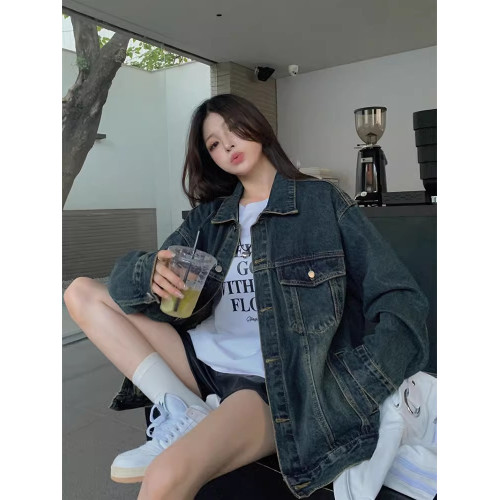 大碼美式水洗做舊牛仔外套女春裝2025年新款潮流寬松長袖夾克上衣 大碼美式水洗做舊牛仔外套女春裝2025年新款潮流寬松長袖夾克上衣