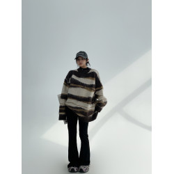 廢柴冬季復古長毛不規則條紋套頭加厚圓領毛衣女寬鬆慵嬾針織上衣