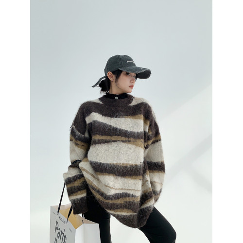 廢柴冬季復古長毛不規則條紋套頭加厚圓領毛衣女寬鬆慵嬾針織上衣