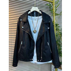 加肥大碼女裝翻領拉鍊PU外套胖妹妹純色簡約時尚百搭長袖開衫上衣