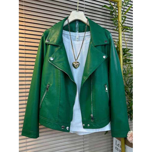 加肥大碼女裝翻領拉鍊PU外套胖妹妹純色簡約時尚百搭長袖開衫上衣