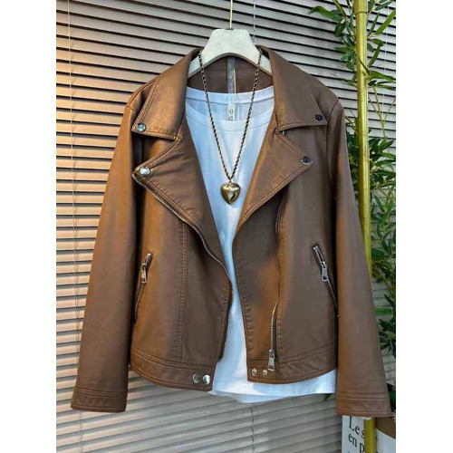 加肥大碼女裝翻領拉鍊PU外套胖妹妹純色簡約時尚百搭長袖開衫上衣