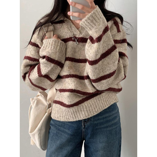 美拉德條紋長袖針織毛衣2025新款秋冬韓版大碼女裝胖mm巨顯瘦上衣 美拉德條紋長袖針織毛衣2025新款秋冬韓版大碼女裝胖mm巨顯瘦上衣