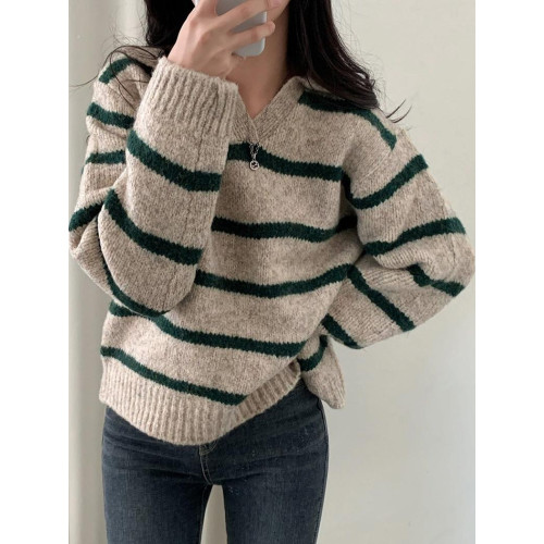 美拉德條紋長袖針織毛衣2025新款秋冬韓版大碼女裝胖mm巨顯瘦上衣 美拉德條紋長袖針織毛衣2025新款秋冬韓版大碼女裝胖mm巨顯瘦上衣