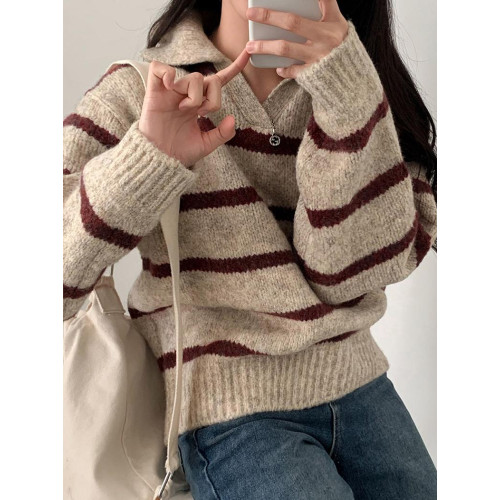 美拉德條紋長袖針織毛衣2025新款秋冬韓版大碼女裝胖mm巨顯瘦上衣 美拉德條紋長袖針織毛衣2025新款秋冬韓版大碼女裝胖mm巨顯瘦上衣