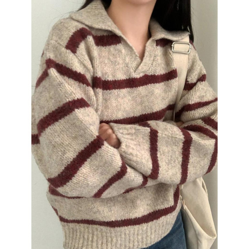 美拉德條紋長袖針織毛衣2025新款秋冬韓版大碼女裝胖mm巨顯瘦上衣 美拉德條紋長袖針織毛衣2025新款秋冬韓版大碼女裝胖mm巨顯瘦上衣