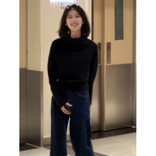 法式半高領黑色套頭堆堆領毛衣女秋冬季加厚慵懶風內搭針織衫上衣 法式半高領黑色套頭堆堆領毛衣女秋冬季加厚慵懶風內搭針織衫上衣