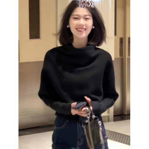 法式半高領黑色套頭堆堆領毛衣女秋冬季加厚慵懶風內搭針織衫上衣 法式半高領黑色套頭堆堆領毛衣女秋冬季加厚慵懶風內搭針織衫上衣