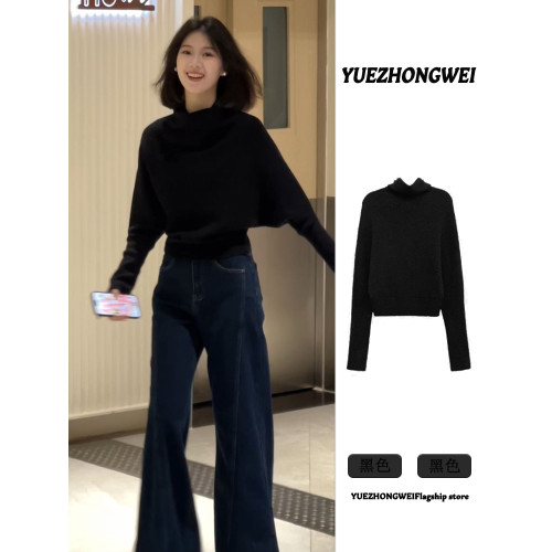 法式半高領黑色套頭堆堆領毛衣女秋冬季加厚慵懶風內搭針織衫上衣 法式半高領黑色套頭堆堆領毛衣女秋冬季加厚慵懶風內搭針織衫上衣