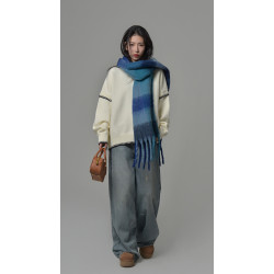 SIXI四喜家春季 手縫線跡撞色圓領套頭針織毛衣女寬鬆設計感上衣