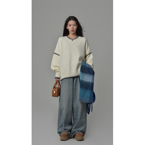 SIXI四喜家春季 手縫線跡撞色圓領套頭針織毛衣女寬鬆設計感上衣