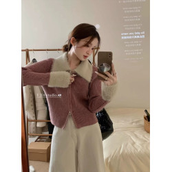 雙拉鍊翻領水貂絨袖口拼接毛衣外套女冬季短款高級感內搭針織開衫