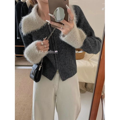 雙拉鍊翻領水貂絨袖口拼接毛衣外套女冬季短款高級感內搭針織開衫 雙拉鍊翻領水貂絨袖口拼接毛衣外套女冬季短款高級感內搭針織開衫